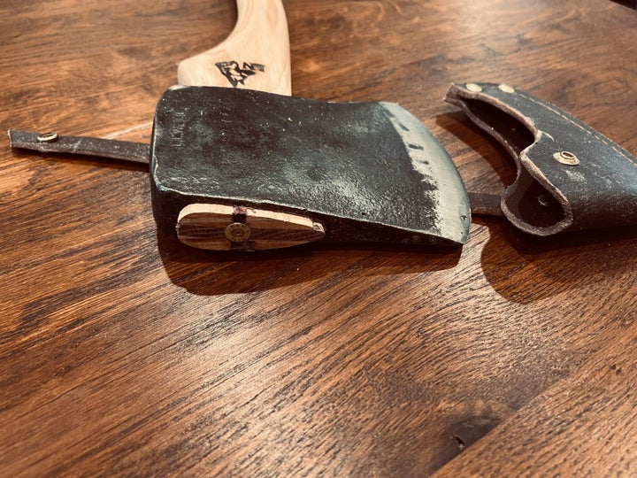 Restored 3.8lb Elwell Axe head with hand carved ash, kauri, walnut and purple heart handle